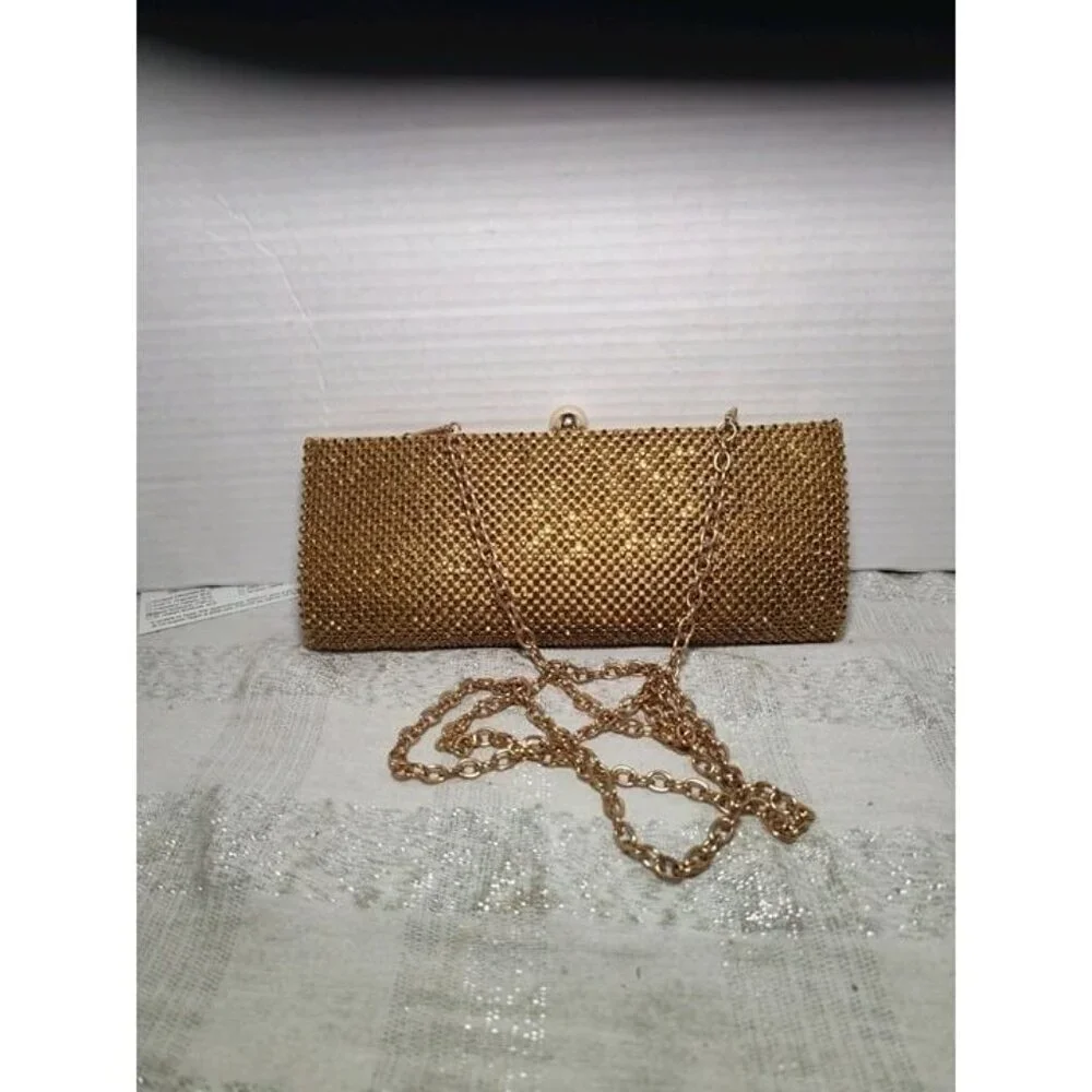 Vintage Retro Caziar Chainmail Clutch Bag Matte Gold‎ With Clasp Chain Strap